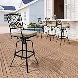 Crestlive Products Outdoor Bar Stools with Sunbrella Cushion Set of 4, 360° Swivel Patio Bar Height Chairs, All Weather Heavy Duty Commercial Grade Furniture, Antique Brown Finish for Outside(Tan)