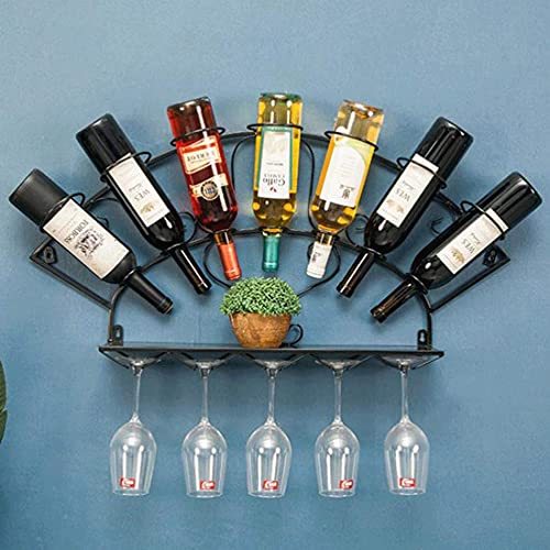 Weinregal Weinregal - Wein-Organizer-Regal Weinregal - Wandmontierter Vintage-Wandhalter Metall Loft Wandregal Weinflaschenregal für 7 Flaschen 5 Kelche für Bar Restaurant Küche/Schwarz