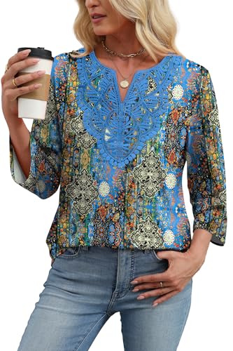 Image of WIHOLL 3 /4 Length Sleeve Womens Tops Boho V Neck Lace Shirt Trendy Blouses Dressy Casual Vacation Clothes S-3XL
