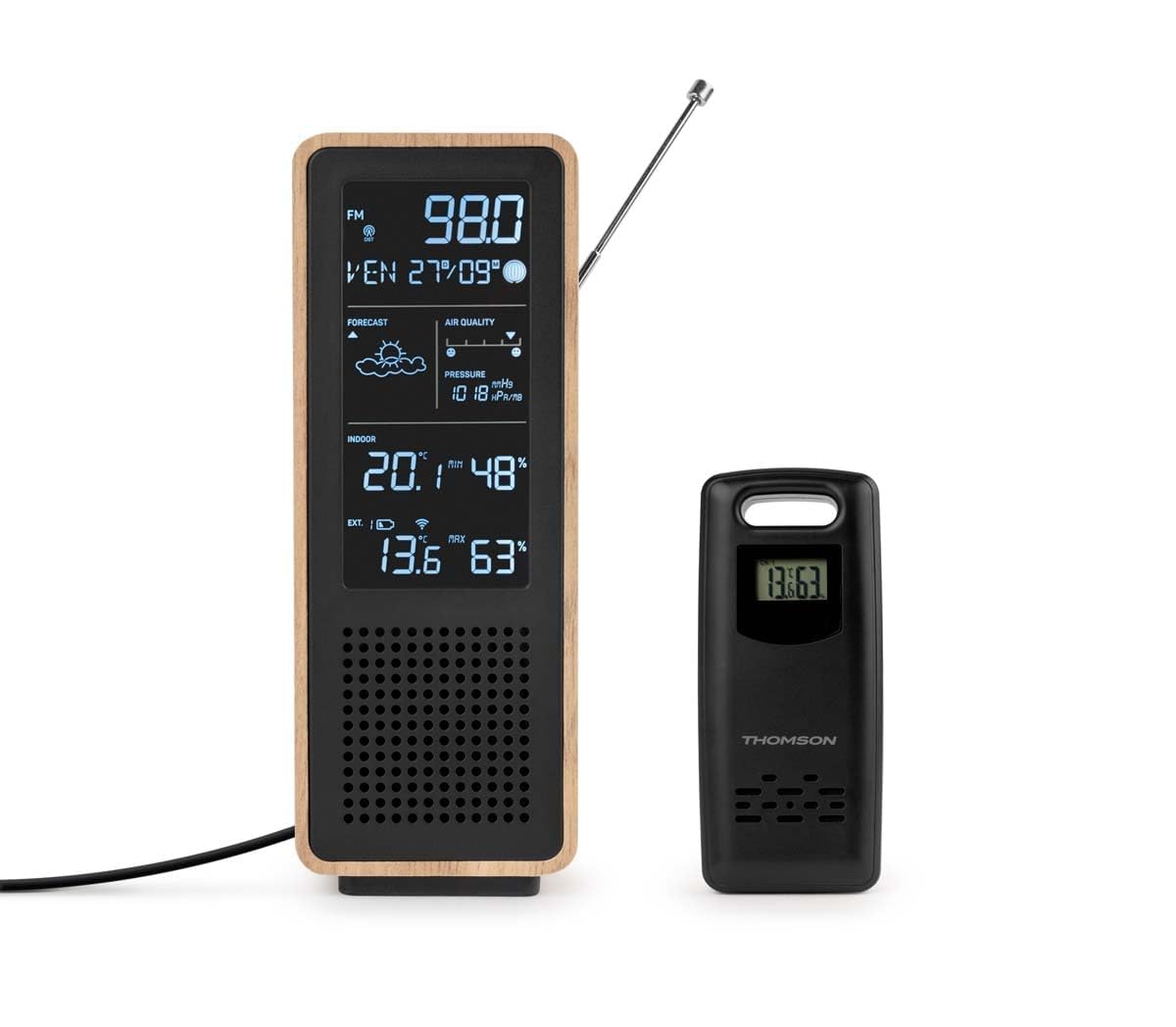 THOMSON Bluetooth-Lautsprecher 5.3 und kabellose Wetterstation, UKW-Radio, Funkuhr, Innen-/Außenthermometer und -hygrometer, Luftqualität, Holzgehäuse - Schwarz - WS102TBK