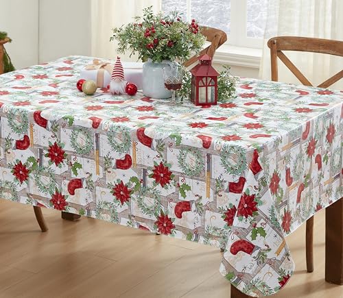 Newbridge Merry Christmas Stocking Holiday Vinyl Flannel Backed Tablecloth - Noel Christmas Wreath, Festive Seasons Greetings Print Wipe Clean Easy Care Xmas Tablecloth, 52” x 70” Oblong/Rectangle