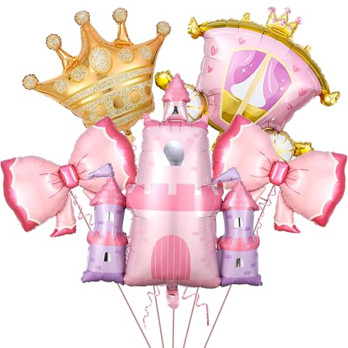 5 Pcs Princess Balloons, Castle Gold Crown Carriage Pink Bow Foil Balloons, Princess Birthday Party Decorations for Theme Birthday Party Bridal Baby Shower