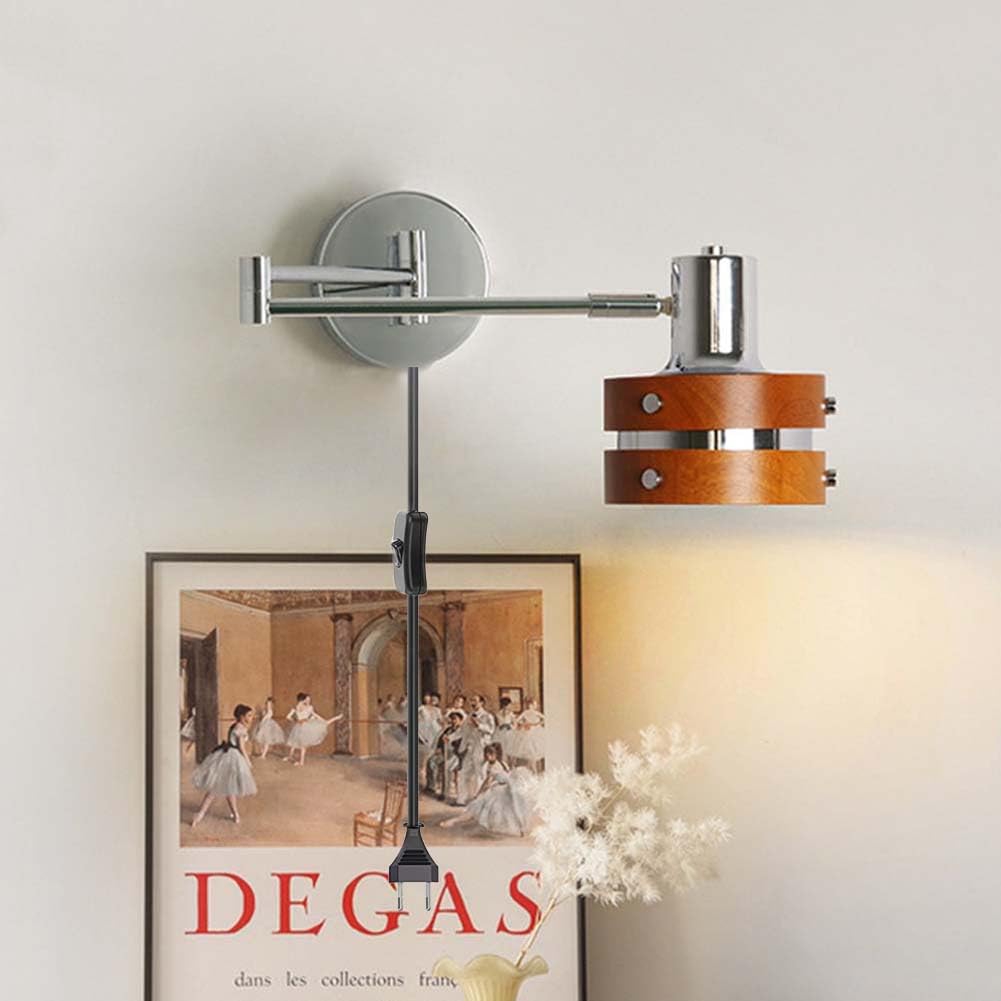 Holz Vintage Wandleuchte Schwenkarm Innen Wandlampe Verstellbar Lange Arm Wandleuchten mit Stecker und Kabel Schalter Wand Leseleuchte Faltbar Drehbarelampe für Wohnzimmer Schlafzimmer