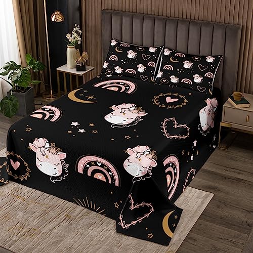 Manfei Nettes Einhorn Tagesdecke L Größe Rosa Regenbogen Herz Bettwäsche Set Kinder Jungen Teens Zimmer Dekor Cartoon Sonne Mond Sternenhimmel Tröster Set Kind Tiere Coverlet Quilt,2 Kissenbezug