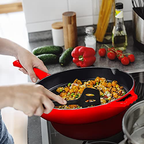Bruntmor 12'' Red Pre-Seasoned Cast Iron Frying Pan, 12 Inch Oven Safe Cast Iron Skillet, Cast Iron Grill Pan Set, Nonstick Cookware And Bakeware For Casserole Dish #TOP1