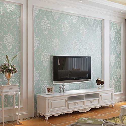 Q Qihang European Style 3D Damask Pearl Powder Non-Woven Wallpaper Roll Light Blue Color 0.53M X 10M=5.3㎡ #TOP14