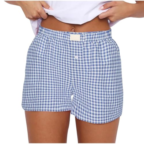 Image of Women Pajamas Shorts Y2k Elastic Waist Plaid Boxer Shorts Cute Gingham Sleep Lounge Bottoms