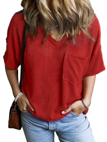 GLEENOD Tshirt Damen Kurzarm V-Ausschnitt Shirts Damen Sommer Elegant Top Locker Oversize T-Shirt mit Tasche