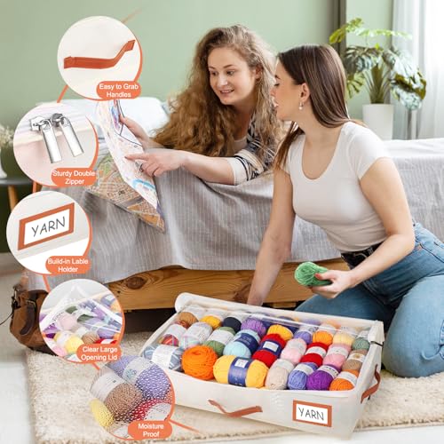Image of Coopay Underbed Yarn Storage, 2 Pack Large Crochet Bag with Transparent Design & Easy-to-sort Labels Holder, Yarn Bag for Knitting Needles Crochet Accessories, Beige