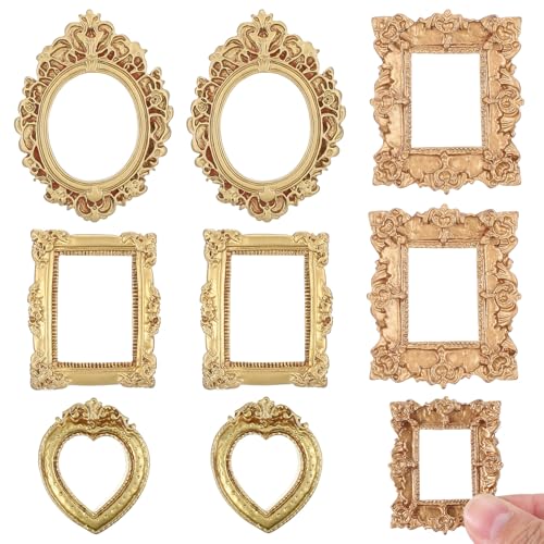 YUXIANLB 8 Pcs Miniature Dollhouse Mirror Set with Carved Golden Edges, European Style Victorian Baroque Wall Decor for 1/12 Scale Dollhouse Display,...