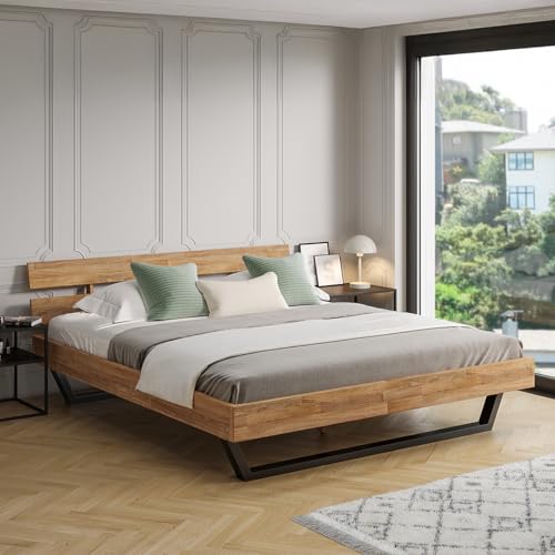 skølm Alver Massivholzbett 180x200 cm – Bettgestell aus Massivholz Eiche geölt – Holzbett mit schwarzen Metallkufen – hochwertiges Bett mit 2...