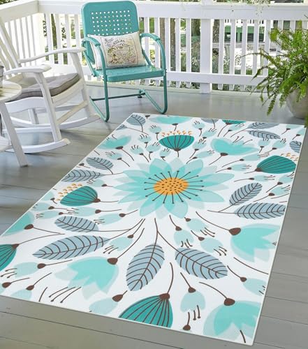 Uphome Indoor Outdoor Rug Mat 5x8 ft, Non-Slip Blue Floral Patio Rug, Breathable & Quick Drying RV Camping Rug, Portable Washable Outdoor Carpet for Backyard Garden Deck Pool Balcony Picnic, 5'x8'