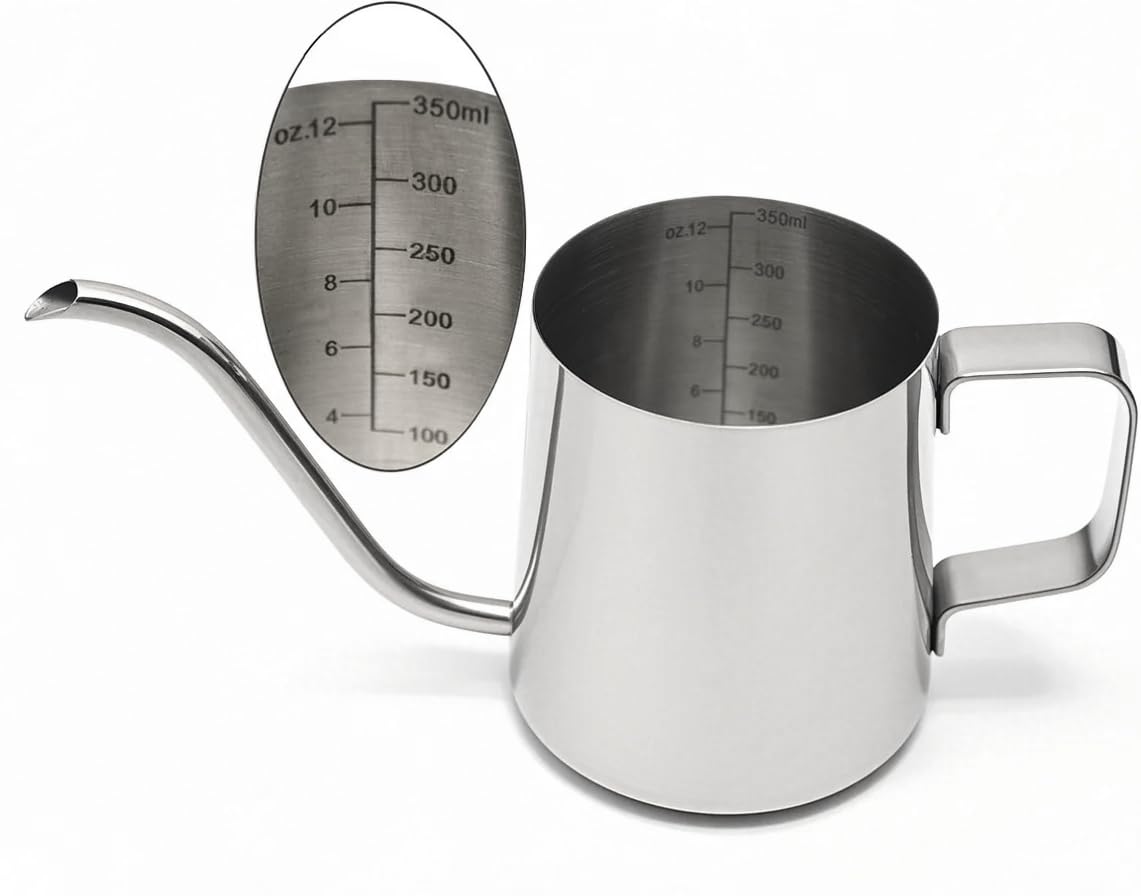 Hervidor de Café con Cuello de Cisne de Acero Inoxidable, Cafetera de Cuello de Cisne Larga - 350ml, Taza de Café para Espumar con Marca de Medición para Cocina, Doméstica, Cafetería