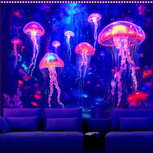 AOHMPT Blacklight Tapestry, UV Reactive Blacklight Poster, Jellyfish Tapestry, Whale Undersea World Tapestries, Dolphin Wall Art for Bedroom, Bedroom and Living Room Wall Decoration 59L x 51W