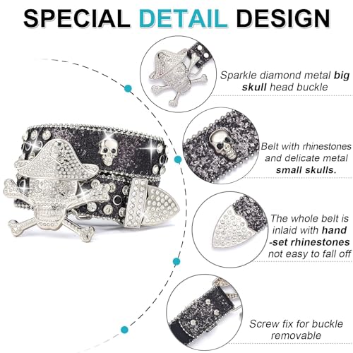 Rhinestone Belts for Women,Punk Skull Buckle Belt for Pants Rhinestones Studded Belt Street Dance Jeans Belt Adult Unisex Waist Accessories(Blue,120)3