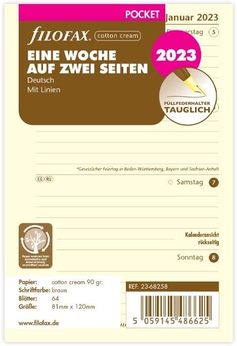 Filofax Pocket 1 Week on 2 Pages Cotton Cream (German) 2023