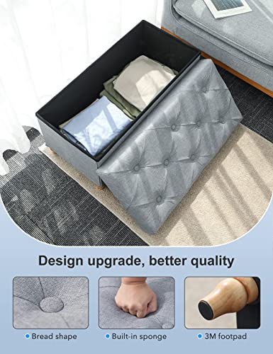 2021 Upgraded 30 Inches Storage Ottoman with Non-Skid Wooden Legs, Ottoman with Storage 80L, Load 450lbs, Storage Bench for Bedroom, Living Room & Entryway, Foot Rest, Linen Fabric Light Grey