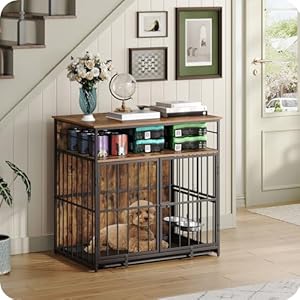 Dog Crate Furniture with Storage, 31.5″ Heavy Duty Dog Kennel with Bowls & Removable Tray, Wooden Dog Cage End Table for Small/Medium Dogs, Chew-Resistant, Rustic Brown DCHR10801