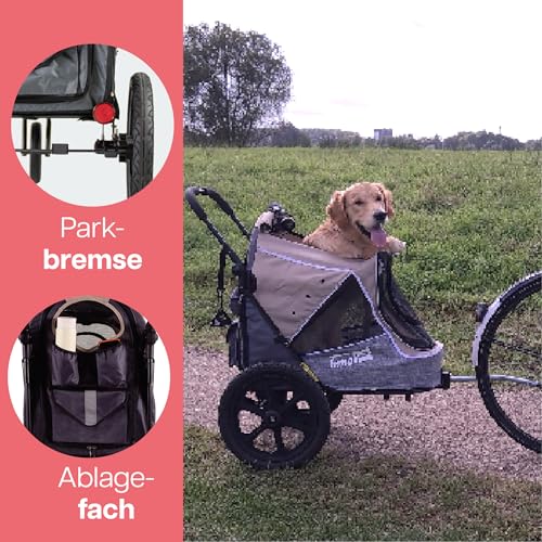 Hundebuggy und Fahrradanhänger für Hunde - Innopet Sporty Evolution Latte 2-in-1 - Beige/Grau - Reflektoren & Sicherheitsleinen - Hundewagen für alle Untergründe