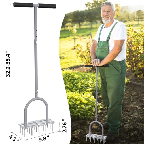 Lawn Aerator Spike Tool - Manual Grass Aerator with 15 Iron Spikes, Pre-Assembled Yard Aerator for Core Aeration, Dethatching, Heavy Duty T-Handle & Wide Foot Plate for Lawn Yard & Garden (Grey) - Image 6