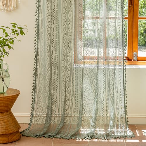 Image of MYSKY HOME Boho Lace Sheer Curtains with Tassel 96 Inch Long 2 Panels Vintage Floral Bohemian Crochet Geometry Light Filtering Privacy Rod Pocket Drapes for Living /Dining Room, 55 inch W, Sage Green