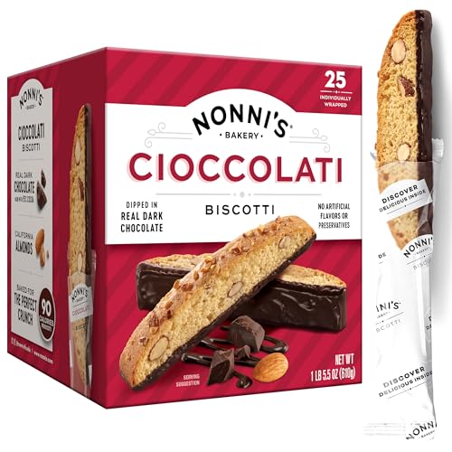 Nonni's Cioccolati Dark Chocolate Almond Biscotti Cookies – Individually Wrapped Italian Coffee Snack, Crunchy Twice-Baked, 21.5 oz Carton