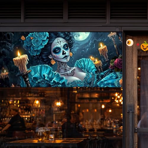 Vinilo decoración ventana azul calavera Día de Muertos miniatura 2