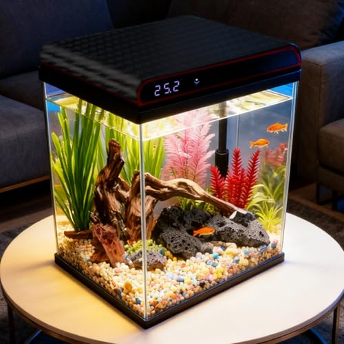 Coospider 5 Gallon Glass Fish Tank, Aquarium Starter Kit - Self-Cleaning, Ultra-Quiet Filter Pump, 3-Color LED Lights, Smart Temp Monitoring for Betta Fish, Shrimp, Kids Gift Idea