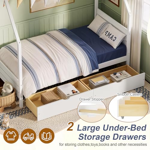 Image of Twin Size House-Shape Platform Bed with Headboard and 2 Storage Drawers, Montessori Wood Bed Frame with Roof and Chimney Design, No Box Spring Needed, Easy Assembly (White-06, Twin)