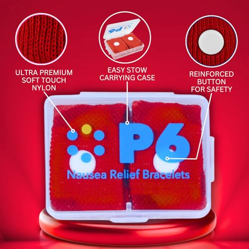 Image of P6 Motion Sickness Bands for Adults Wristbands for Anti Nausea Sea Cruise Travel Car Pregnancy Morning Sickness All-Natural Non Drowsy Relief Acupressure Treatment (2 Pack, Red - Red)