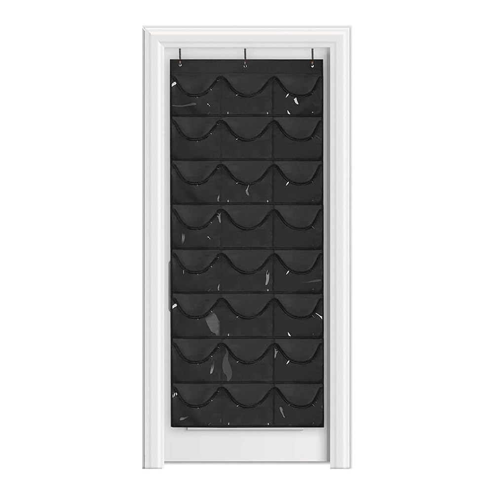 Paquete de 2 organizadores de zapatos sobre la puerta con 24 bolsillos de malla, tela no tejida negra, tamaño mediano, 164 x 69 cm, ideal para almacenamiento en armarios y entradas