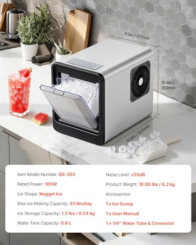 Image of VEVOR Countertop Ice Maker, 33 lbs per Day, Self-Cleaning Portable Machine with Scoop, Drawer-Style Ice Access, Nugget Ice-Making Machine with Chewable ICES for Home, Kitchen, Office, Bar & Party