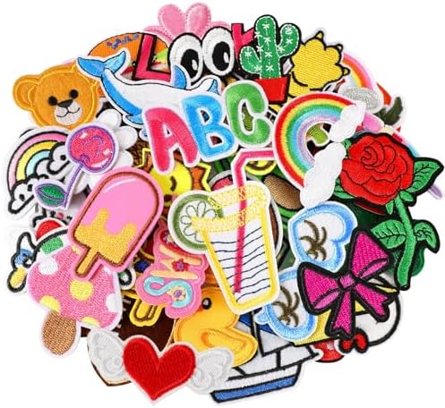 AUGSUN 60pcs Cartoon Embroidered Patches Random Assorted Styles Cute Theme Iron on Patches DIY Sew Applique Repair Patch Cute Preppy Sew on Patches for Backpacks Pants Clothes Jeans