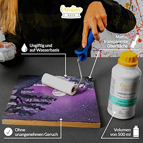 Creative Deco Acryl Mattlack Firnis | 500 ml Flasche Klarlack | Oberflächenfinish auf Wasserbasis | Permanenter farbloser Lack | Verwendung im Innen- und Außenbereich | Bastelprojekte und Gemälde