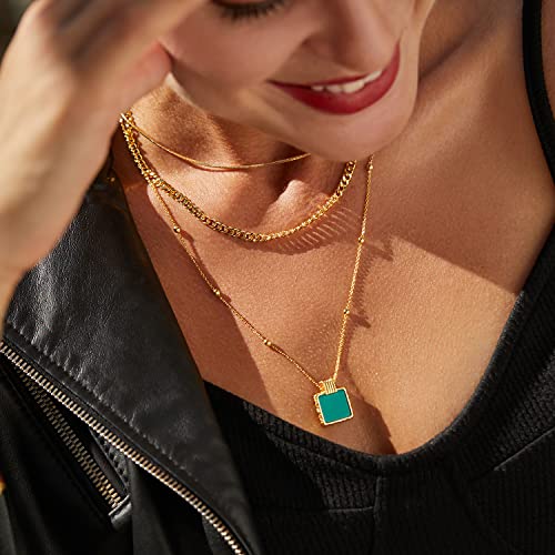Frumos Dainty Layered Choker Necklace 18K Gold Plated Y Pendant Necklace Multilayer Bar Disc Necklace Adjustable Layering Choker Necklaces For Women Girls（Green Gemstone Pendant） (Green Gemstone Pendant) #TOP3