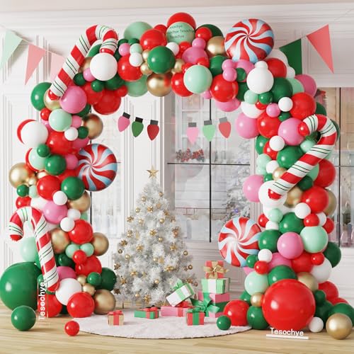 Tesochye Christmas Balloon Garland kit,Xmas Christmas Party Decorations | 161 Pcs Red Green White Pink Metallic Gold Balloons Candy Cane Foil Balloons for Candy Theme Birthday Baby Shower Supplies