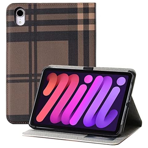 GhrKwiew iPad Case for 8.3'' iPad Mini 6th Generation, Tartan Pattern Wallet Case with Card Slots, Supports 2nd Pencil Magnetic Charging Flip Stand Cover for iPad Mini 6 (Brown) Cover