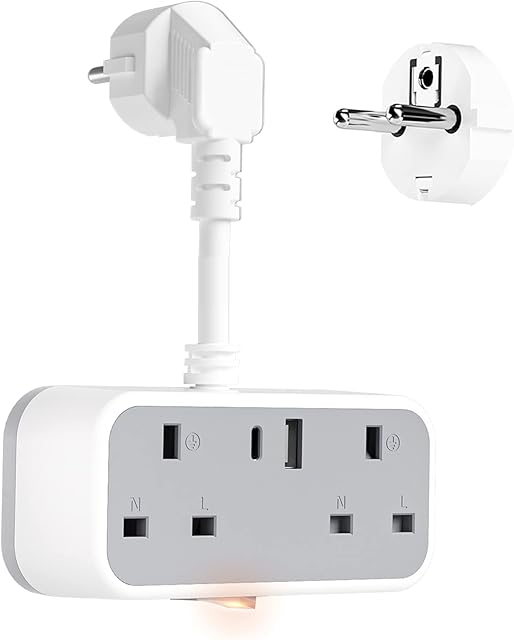 UK to European Travel Adapter - UK to EU Plug Adaptor with USB Type C Adapters 3 Pin to 2 Pin British Adaptors for Euro Germany France Italy Spain Greece Poland Netherlands Turkey Egypt and More