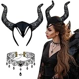 badaren Diadema Cuerno de Diablo, Cuernos Sombrero Cuerno con Collar Encaje Gótico, Diadema Diablo Negro para Halloween, Cosplay Carnaval,Fiestas Temáticas (A: Cinta)