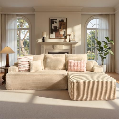 ovios 96" Cloud Sectional Couch with L-Shape Chaise,Modern Modular Sofa with Deep Seat, Upholstered Couches for Living Room Bedroom,No Assembly Required, Beige (Plush Corduroy Fabric)