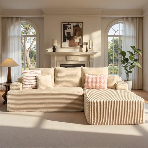 Image of ovios 96 inch Cloud Sectional Couch with L-Shape Chaise,Modern Modular Sofa with Deep Seat, Upholstered Couches for Living Room Bedroom,No Assembly Required, Beige (Plush Corduroy Fabric)