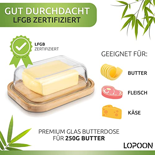 Foto von LOPOON® Das Original I Butterdose aus Glas & Bambus mit Gratis Messer I Hochwertige Butterglocke für 250g Butter I Butterbehälter EIN tolles Geschenk I Butter Box I Butter Dish I Butterschale