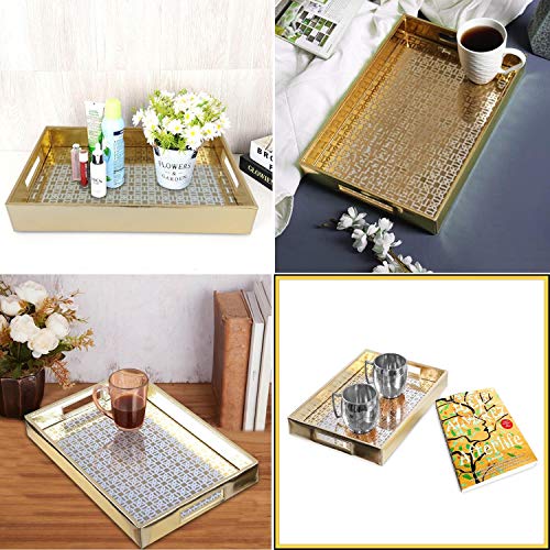 Rely+ Faux Leather Glass Mirror Printed Tray, Gold Pattern, Rectangle Shape. 15"(L) X 10” (W) X 2" (H) #TOP7