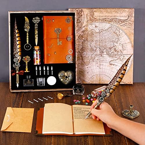 Quill Pen Ink Set, Feather Pen Calligraphy Pens Set for Beginners with Notebook, Wax Stamp Set,Envelope, Letter Paper,Antique Stationery Gifts for Handwriting Lovers Birthday Christmas Valentines Day
