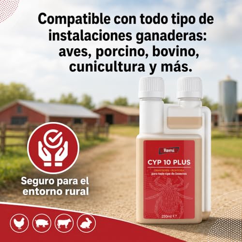 Miniatura 8 de Remi Hogar Insecticida Concentrado Cyp 10 Plus 9,3 Cipermetrina Cucarachas, Hormigas, Mosquitos, Arañas, Pulgas, Garrapatas Ácaro Rojo Insectos Voladores Y Rastreros Uso Exterior 250 Ml