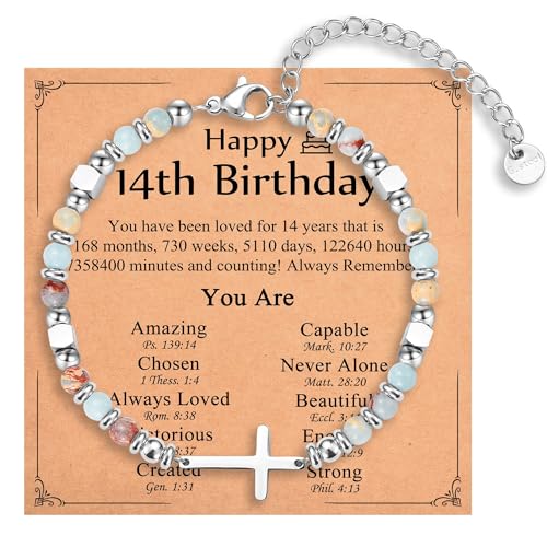 IKIATY 14 Year Old Girl Gifts, Happy 14th Birthday Decorations Gifts for 14 Year Old Girls, Religious Cross Bracelet Birthday Presents Trendy Stuff for Teens