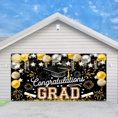 DASHAN 6x13ft Congrats Grad Garage Door Graduation Banner Class of 2026 Garage Door Cover Black Gold Graduation Banner Large Yard Sign Decorations Congratulations Background by DASHAN - Used condition - Image 5