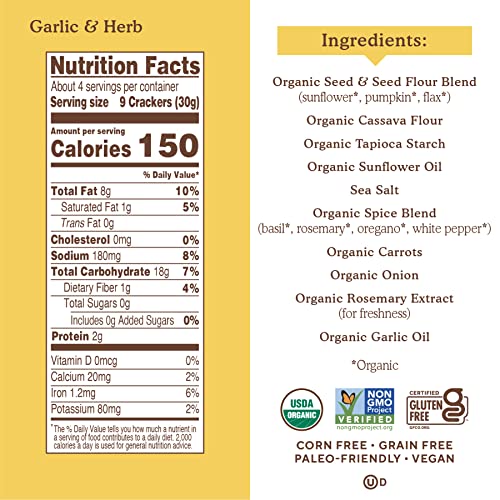 Simple Mills Organic Seed Crackers, Garlic & Herb - Gluten Free, Vegan, Healthy Snacks, Paleo Friendly, 4.25 Ounce (Pack Of 1) #TOP3