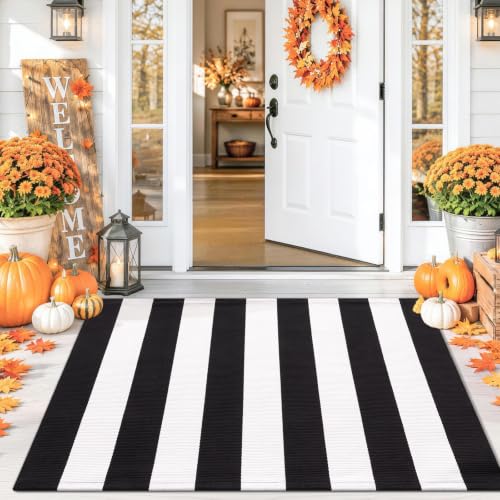 Smiry Black and White Striped Entryway Rug, Front Door Mat and Porch Decor