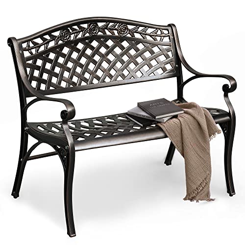 DWVO Cast Aluminum Outdoor Bench, 39.4’’ Patio Garden Benches for Outdoors, Metal Frame Patio Bench for Backyard, Lawn, Deck, Porch, Park, Bronze